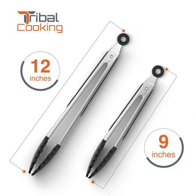 Alt view image 3 of 7 - Tribal Cooking Kitchen Tongs with Silicone Tips - Stainless Steel tongs for cooking - 9" and 12" Tongs With Silicone Rubber Non Slip Grips, Heat Resistant Metal Tongs.