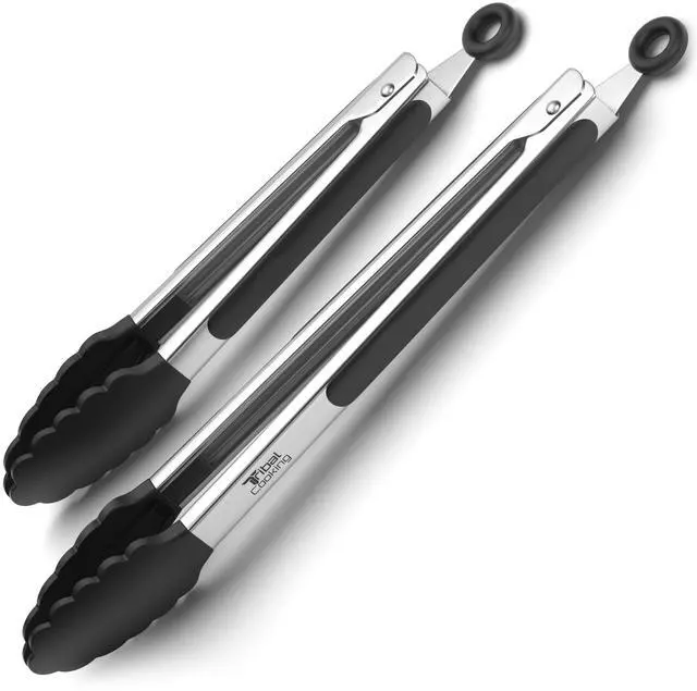 Main image of Tribal Cooking Kitchen Tongs with Silicone Tips - Stainless Steel tongs for cooking - 9" and 12" Tongs With Silicone Rubber Non Slip Grips, Heat Resistant Metal Tongs.