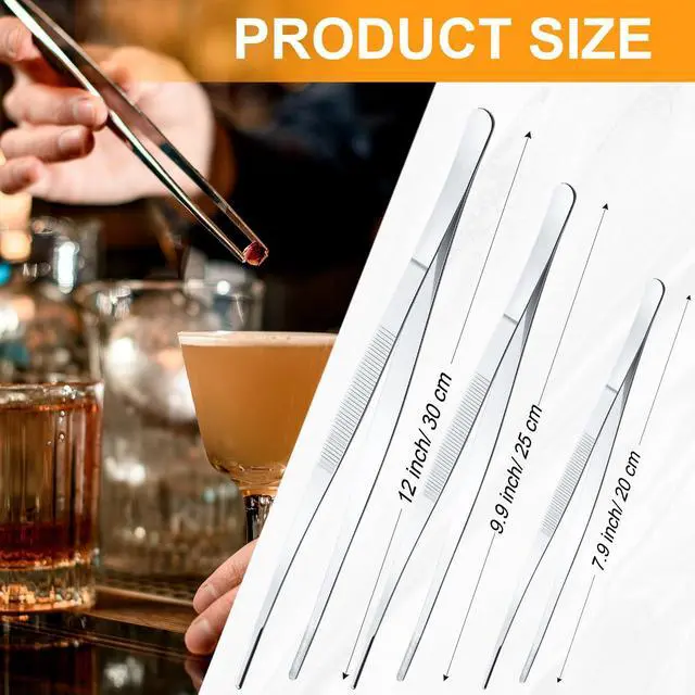 Alt view image 2 of 6 - 4 Packs 12 Inch Bar Tweezers Silver Cocktail Tongs Long Garnish Tweezers Stainless Steel Bartender Kitchen Cooking Tongs for Cocktail Food Fruit Korean BBQ Bartender Chef, Multi-use