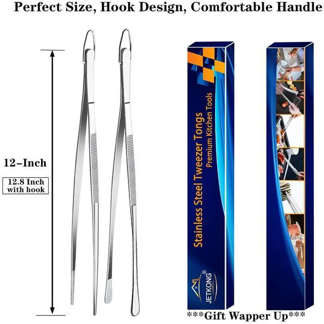 Alt view image 7 of 7 - JETKONG 2 Pcs 12-Inch Kitchen Tweezers Fine Tweezer Tongs, Extra-Long Stainless Steel Cooking Tweezers (Silver)