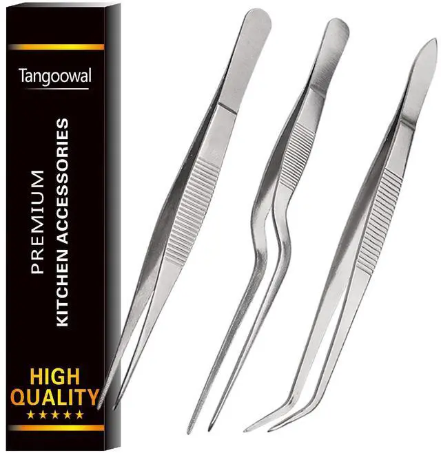 Main image of Tangoowal Kitchen Cooking Tweezers Culinary,3 Piece Set Stainless Steel Tweezer Precision Tongs Offset Tip for Cooking Food Design styling(6.3-Inch)