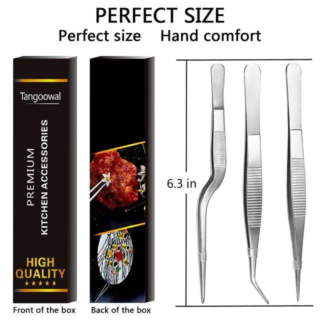 Alt view image 7 of 7 - Tangoowal Kitchen Cooking Tweezers Culinary,3 Piece Set Stainless Steel Tweezer Precision Tongs Offset Tip for Cooking Food Design styling(6.3-Inch)