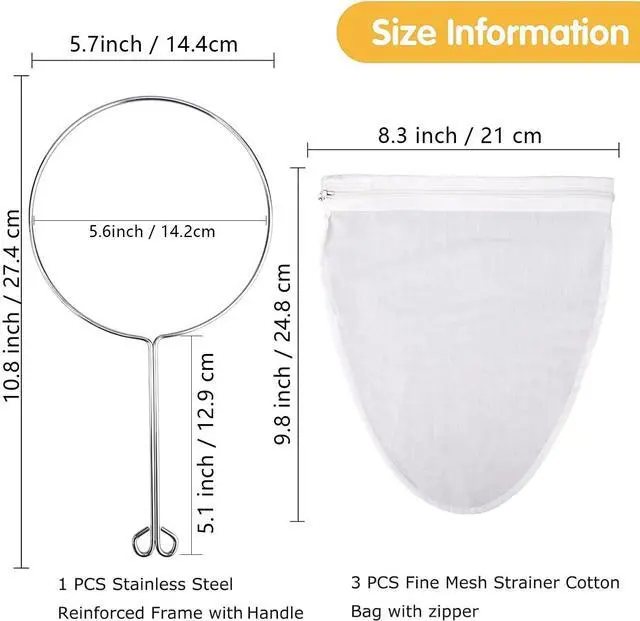 Alt view image 2 of 7 - WMKGG Ultra Fine Mesh Strainer Bags, Reusable Mesh Filter Bags with Stainless Steel Handle Frame for Filter NutMilk, Coffee, Milk, Butter, Juices and Fresh Cheese (Small Size)