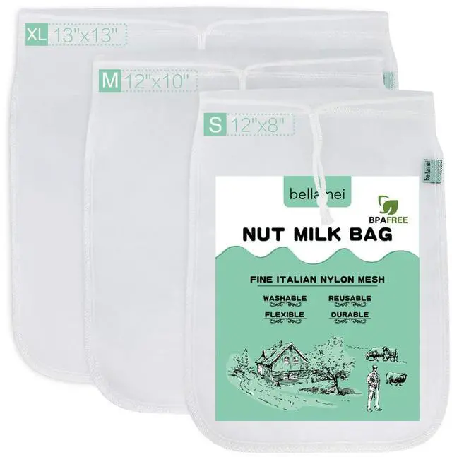 Main image of Bellamei Nut Milk Bag Reusable 3 Pack Multi-size Food Strainer Nut Bags