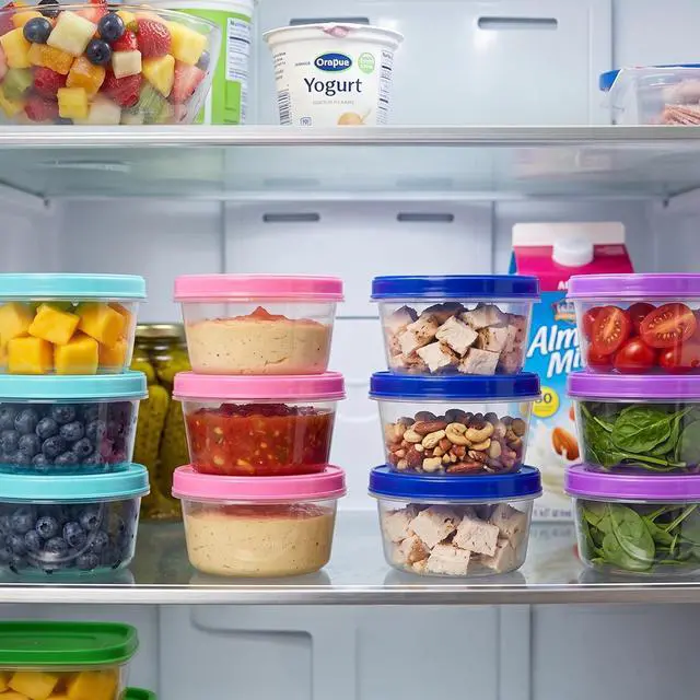 Alt view image 3 of 7 - DecorRack 4 Pack - 7 oz Plastic Food Storage Containers with Screw Lids, BPA-Free, Reusable Stackable Jars for Portion Control, Snacks, Travel, Kitchen, Freezer, Art and Craft (Assorted Color)