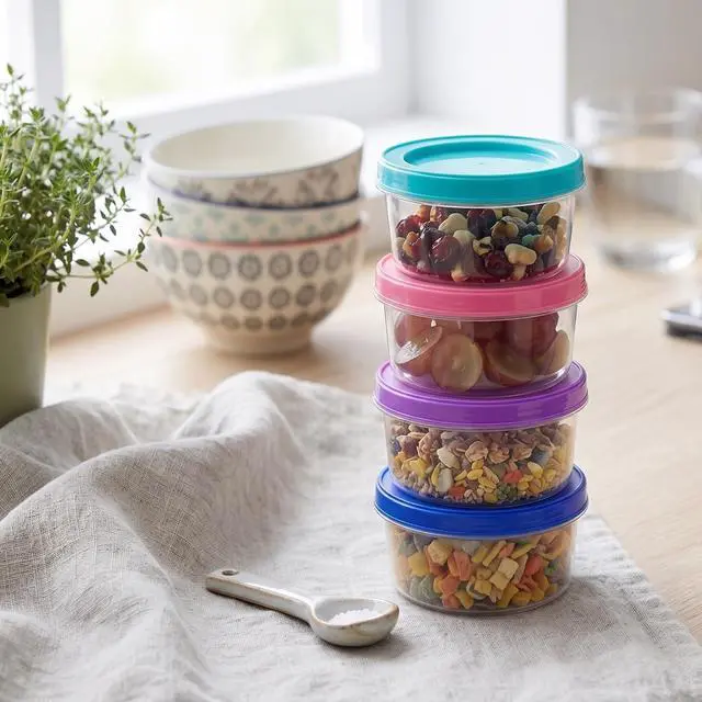 Alt view image 5 of 7 - DecorRack 4 Pack - 7 oz Plastic Food Storage Containers with Screw Lids, BPA-Free, Reusable Stackable Jars for Portion Control, Snacks, Travel, Kitchen, Freezer, Art and Craft (Assorted Color)