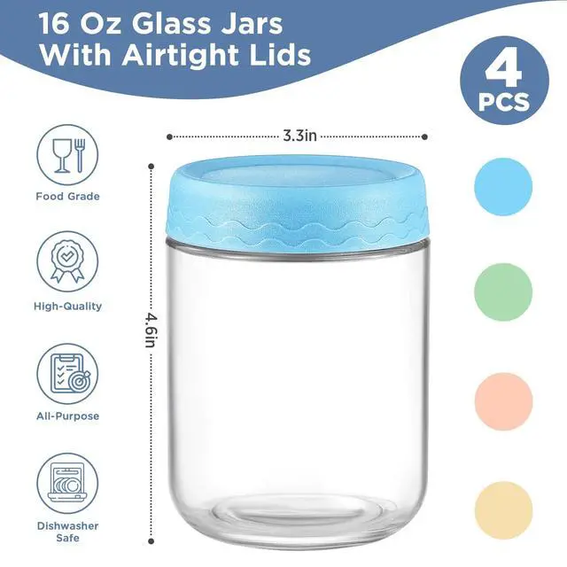 Alt view image 2 of 7 - DRKIO 16 Oz Overnight Oats Containers with Lids - 4 Pack Glass Storage Jars with Airtight Lids Wide Mouth Mason Food Jars Great for Meal Prep Salad Chia Pudding Snacks Yogurt Sugar Spice Cereal