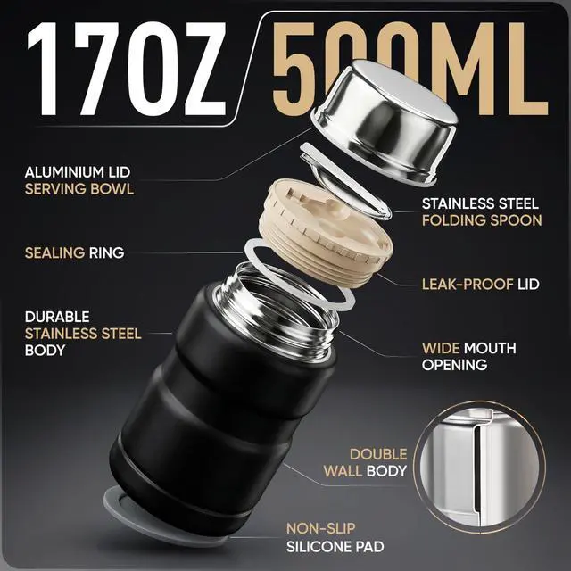 Alt view image 2 of 7 - Stainless Steel Thermo For Hot Food 17OZ with Folding Spoon, Vacuum Insulated Food Container, Soup Thermo with Wide Mouth, Insulated Food Jar for Hot & Cold Food, Black
