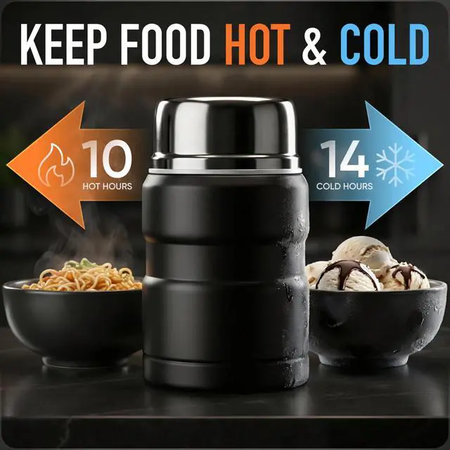 Alt view image 3 of 7 - Stainless Steel Thermo For Hot Food 17OZ with Folding Spoon, Vacuum Insulated Food Container, Soup Thermo with Wide Mouth, Insulated Food Jar for Hot & Cold Food, Black
