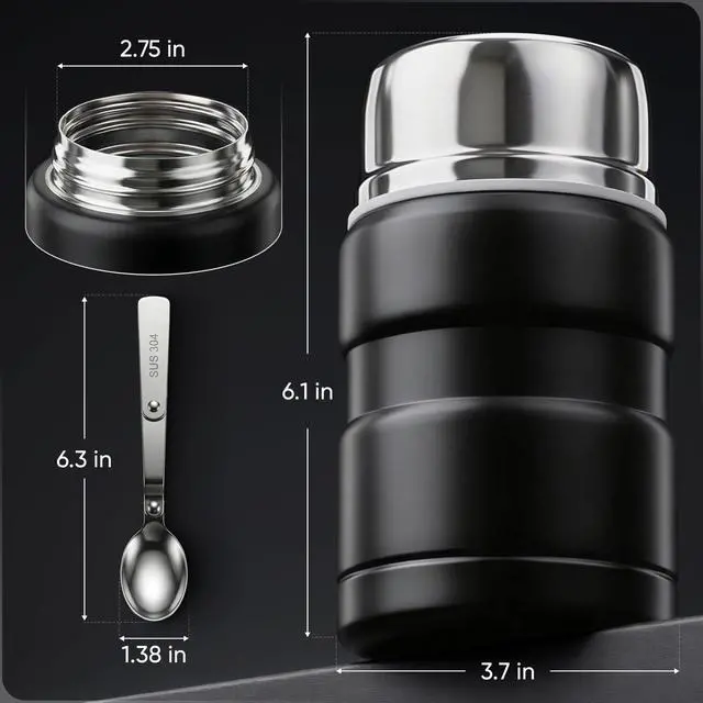Alt view image 4 of 7 - Stainless Steel Thermo For Hot Food 17OZ with Folding Spoon, Vacuum Insulated Food Container, Soup Thermo with Wide Mouth, Insulated Food Jar for Hot & Cold Food, Black