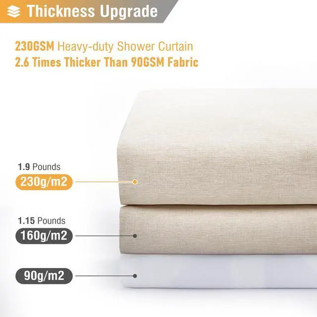 Alt view image 3 of 7 - Fabric Shower Curtain, Linen Textured Heavy Duty Polyester Cloth Shower Curtain Set with 12 Plastic Hooks, Hotel Luxury Waterproof Decorative Shower Curtains for Bathroom - 72"x72" - Beige/Cream