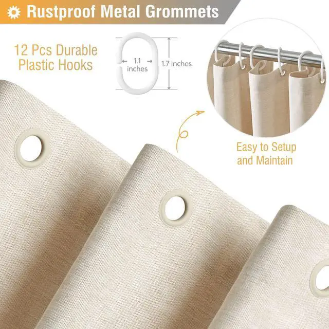 Alt view image 4 of 7 - Fabric Shower Curtain, Linen Textured Heavy Duty Polyester Cloth Shower Curtain Set with 12 Plastic Hooks, Hotel Luxury Waterproof Decorative Shower Curtains for Bathroom - 72"x72" - Beige/Cream