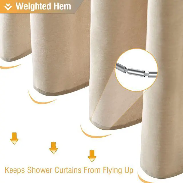 Alt view image 5 of 7 - Fabric Shower Curtain, Linen Textured Heavy Duty Polyester Cloth Shower Curtain Set with 12 Plastic Hooks, Hotel Luxury Waterproof Decorative Shower Curtains for Bathroom - 72"x72" - Beige/Cream