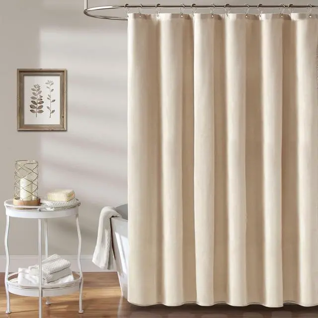 Alt view image 6 of 7 - Fabric Shower Curtain, Linen Textured Heavy Duty Polyester Cloth Shower Curtain Set with 12 Plastic Hooks, Hotel Luxury Waterproof Decorative Shower Curtains for Bathroom - 72"x72" - Beige/Cream