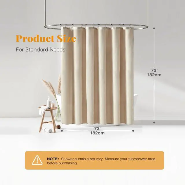 Alt view image 7 of 7 - Fabric Shower Curtain, Linen Textured Heavy Duty Polyester Cloth Shower Curtain Set with 12 Plastic Hooks, Hotel Luxury Waterproof Decorative Shower Curtains for Bathroom - 72"x72" - Beige/Cream