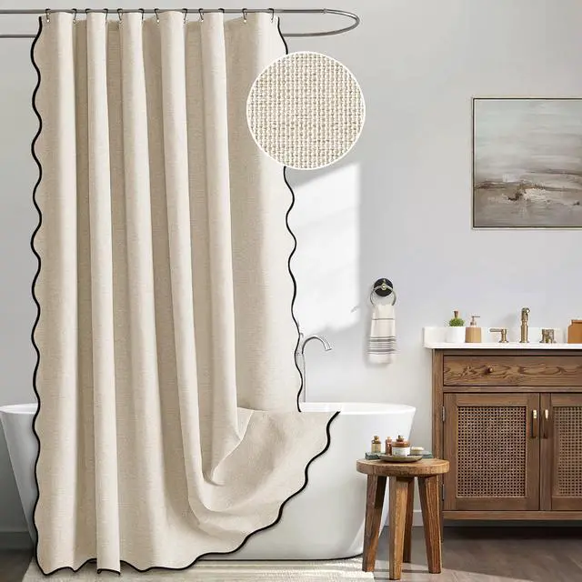 Main image of Beige Scalloped Shower Curtain Linen Textured with 12 Metal Hooks Cute Heavy Duty Washable Waterproof Neutral Thick Cloth Shower Curtains with Black Border for Bathroom Bathtub,W72*L72 Cream