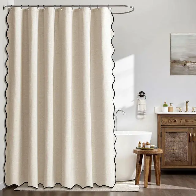 Alt view image 2 of 6 - Beige Scalloped Shower Curtain Linen Textured with 12 Metal Hooks Cute Heavy Duty Washable Waterproof Neutral Thick Cloth Shower Curtains with Black Border for Bathroom Bathtub,W72*L72 Cream