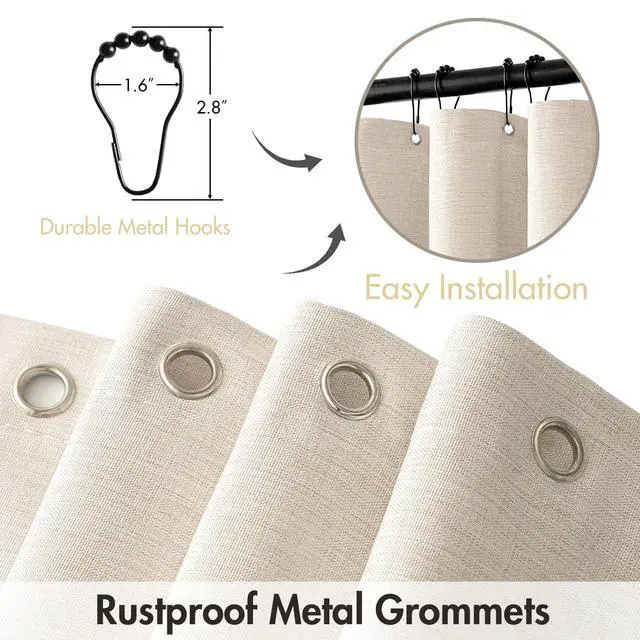 Alt view image 3 of 6 - Beige Scalloped Shower Curtain Linen Textured with 12 Metal Hooks Cute Heavy Duty Washable Waterproof Neutral Thick Cloth Shower Curtains with Black Border for Bathroom Bathtub,W72*L72 Cream