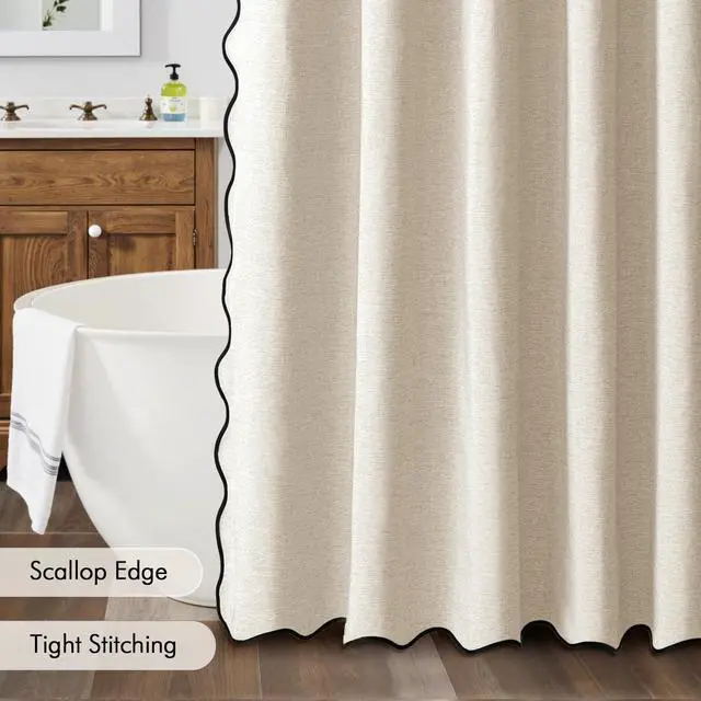 Alt view image 5 of 6 - Beige Scalloped Shower Curtain Linen Textured with 12 Metal Hooks Cute Heavy Duty Washable Waterproof Neutral Thick Cloth Shower Curtains with Black Border for Bathroom Bathtub,W72*L72 Cream