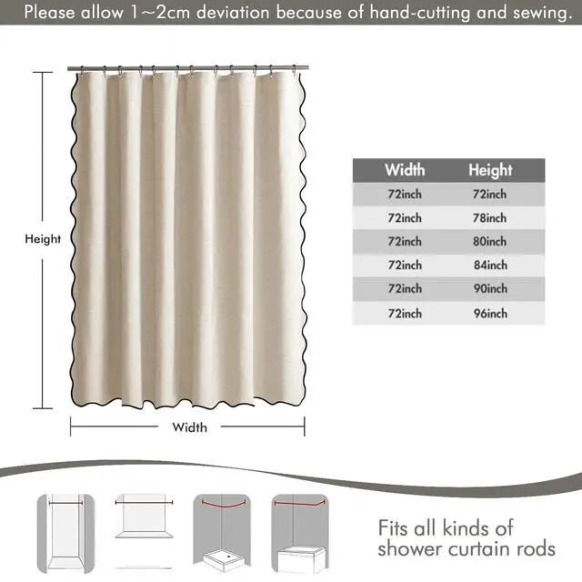 Alt view image 6 of 6 - Beige Scalloped Shower Curtain Linen Textured with 12 Metal Hooks Cute Heavy Duty Washable Waterproof Neutral Thick Cloth Shower Curtains with Black Border for Bathroom Bathtub,W72*L72 Cream