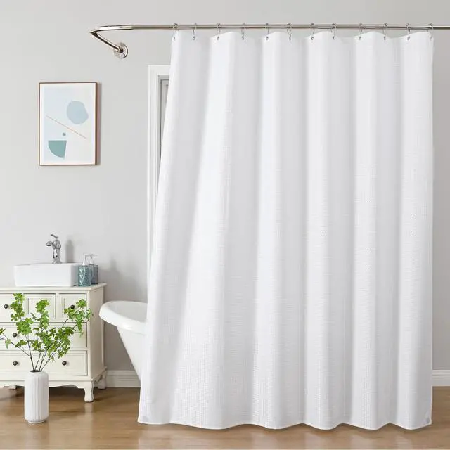 Alt view image 2 of 7 - 2-in-1 Waterproof Fabric Shower Curtain - No Separate Liner Needed, Hotel-Style Waffle Weave, Effortless Cleaning & Washable Bathroom Shower Curtain Set,72Wx72H,White