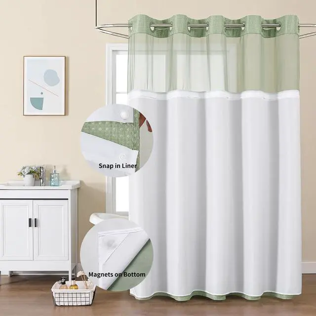 Alt view image 2 of 7 - No Hook Shower Curtain with Snap in Fabric Liner, Waffle Weave Heavy Duty Thick Shower Curtains with Mesh Top Window, Hotel Style Waterproof Bathroom Curtain Set, 72'' x 75'', Sage Green