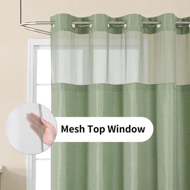 Alt view image 3 of 7 - No Hook Shower Curtain with Snap in Fabric Liner, Waffle Weave Heavy Duty Thick Shower Curtains with Mesh Top Window, Hotel Style Waterproof Bathroom Curtain Set, 72'' x 75'', Sage Green