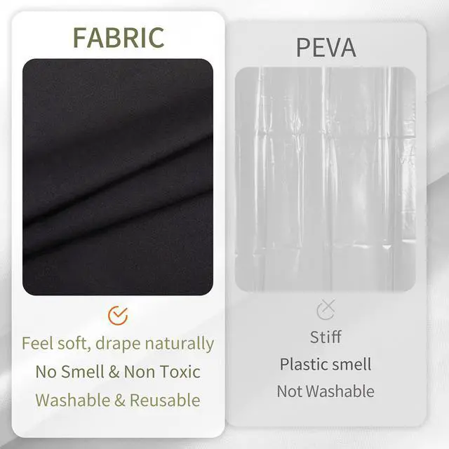 Alt view image 5 of 7 - Waterproof Fabric Shower Curtain Soft Hotel Quality - 3 Magnets at Bottom, Premium Black Shower Curtain Liner for Bathroom, Light-Weight Cloth & Washable - 72x72, Black