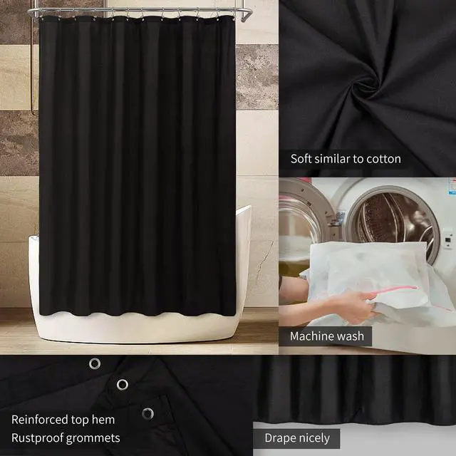 Alt view image 3 of 7 - Waterproof Fabric Shower Curtain Soft Hotel Quality - 3 Magnets at Bottom, Premium Black Shower Curtain Liner for Bathroom, Light-Weight Cloth & Washable - 72x72, Black