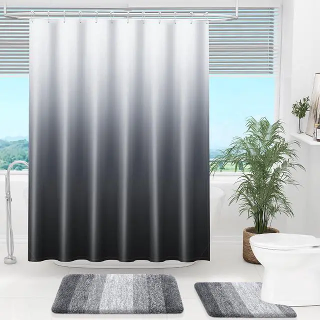 Alt view image 2 of 7 - Luxury Black and Grey Ombre Shower Curtain Sets with 12 Hooks, Waterproof and Washable Decorative Shower Curtains for Bathroom, 72x72 Inches