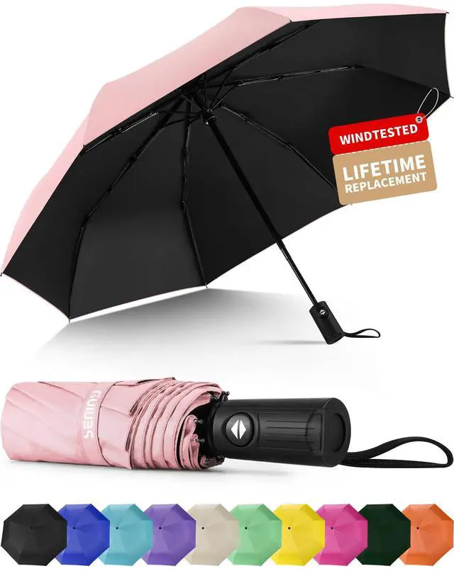 Main image of Windproof Travel Umbrella, Automatic Umbrellas for Rain, Portable & Compact Umbrellas for Backpack, Strong UV for Protection, Folding Small Sun Umbrella for Car, Walking, Coral Pink