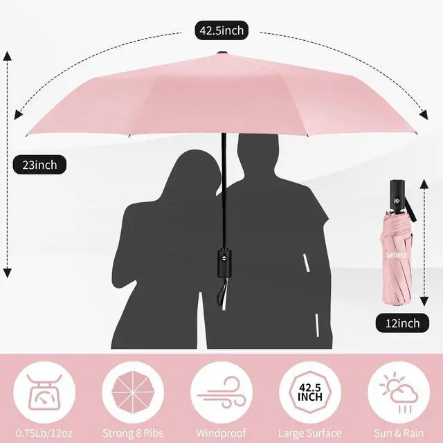 Alt view image 2 of 7 - Windproof Travel Umbrella, Automatic Umbrellas for Rain, Portable & Compact Umbrellas for Backpack, Strong UV for Protection, Folding Small Sun Umbrella for Car, Walking, Coral Pink