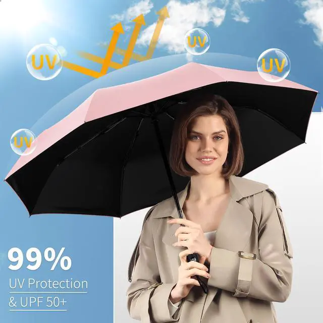 Alt view image 4 of 7 - Windproof Travel Umbrella, Automatic Umbrellas for Rain, Portable & Compact Umbrellas for Backpack, Strong UV for Protection, Folding Small Sun Umbrella for Car, Walking, Coral Pink