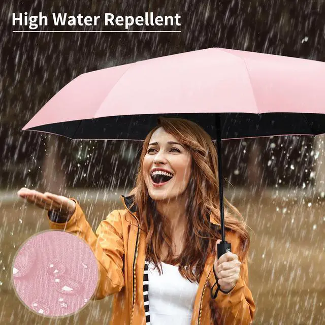 Alt view image 5 of 7 - Windproof Travel Umbrella, Automatic Umbrellas for Rain, Portable & Compact Umbrellas for Backpack, Strong UV for Protection, Folding Small Sun Umbrella for Car, Walking, Coral Pink