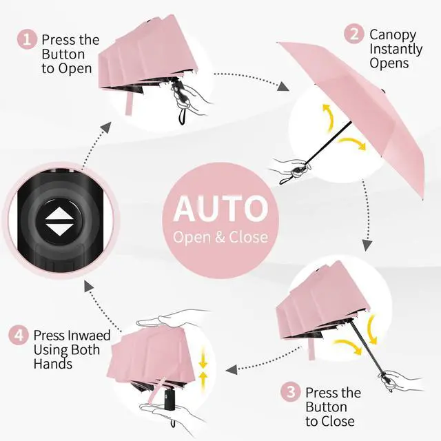 Alt view image 7 of 7 - Windproof Travel Umbrella, Automatic Umbrellas for Rain, Portable & Compact Umbrellas for Backpack, Strong UV for Protection, Folding Small Sun Umbrella for Car, Walking, Coral Pink