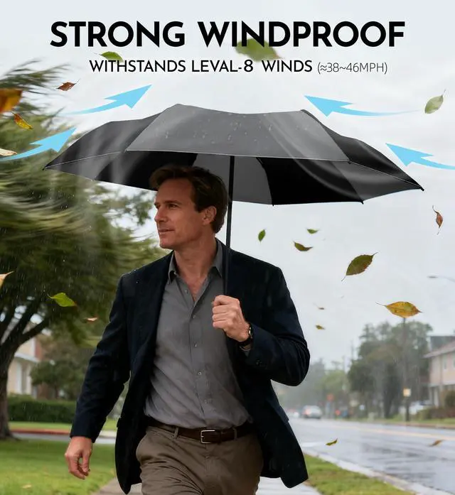 Alt view image 2 of 7 - Windproof Travel Umbrella for Rain - 43" Auto Open Close 8-Rib Compact, Stylish Two-Tone Color Block Design, Easy-Close Folding Portable Parasol for Men & Women