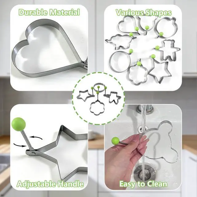 Alt view image 3 of 7 - 8pcs Set Fried Egg Rings Molds Non Stick for Griddle Pan, Egg Shaper Pancake Maker with Handle, Stainless Steel Egg Form for Frying Cooking
