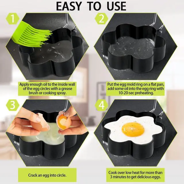 Alt view image 6 of 7 - 6 Pack Eggs Rings, Stainless Steel Egg Cooking Rings, Round Pancake Mold for Frying Eggs, Omelet and Muffins, Non-stick Fried Egg Mold Ring with Oil Brush and Slotted Spatula, 4 Shapes