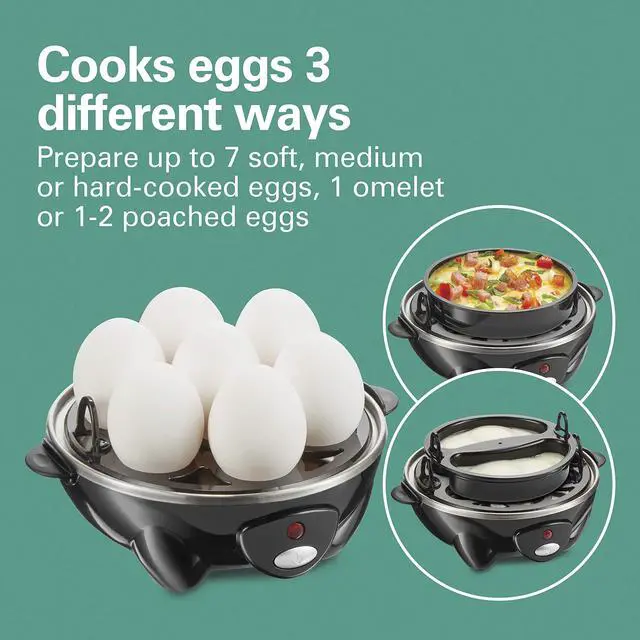 Alt view image 2 of 7 - 3-in-1 Electric Egg Cooker for Hard Boiled Eggs, Poacher Eggs, Omelet Maker & Vegetable Steamer, Holds 7, Black (25507)