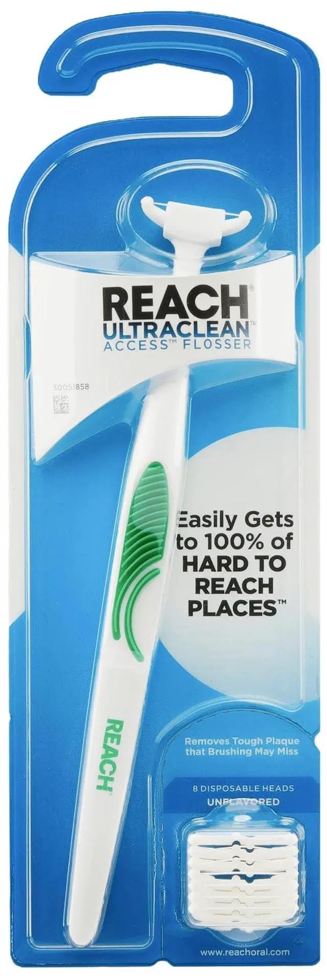 Main image of REACH Ultraclean Access Flosser Starter Kit, Unflavored, Plaque Remover for Teeth, for Hard to Reach Areas, Oral Care, PFAS Free, 1 Replaceable Flosser & 8 Refill Heads, 1 Pack