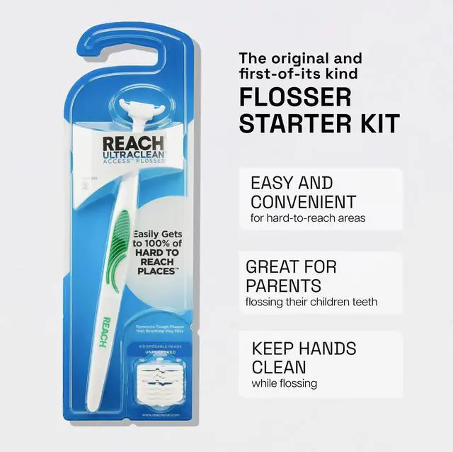 Alt view image 5 of 7 - REACH Ultraclean Access Flosser Starter Kit, Unflavored, Plaque Remover for Teeth, for Hard to Reach Areas, Oral Care, PFAS Free, 1 Replaceable Flosser & 8 Refill Heads, 1 Pack