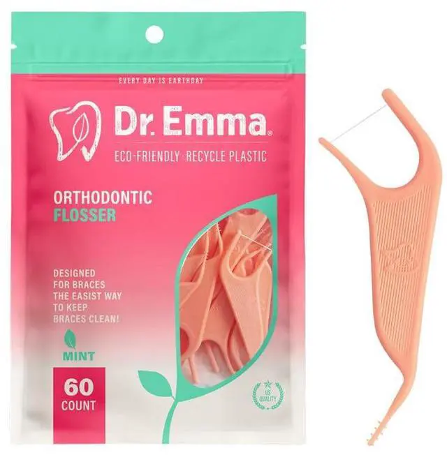 Main image of Dr. Emma Orthodontic Flossers for Braces, Ortho Dental Floss Picks, Mint Flavor 60 Count/Bag, Pink, 1 Pack