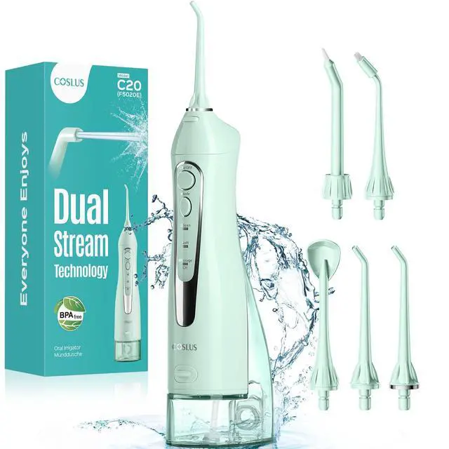 Main image of COSLUS ADA Accepted Water Dental Flosser Teeth Pick C20: Portable Cordless Oral Irrigator 300ML Rechargeable Travel Irrigation Cleaner IPX7 Waterproof Electric Flossing Machine, Professional Set Green
