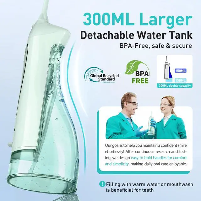 Alt view image 3 of 7 - COSLUS ADA Accepted Water Dental Flosser Teeth Pick C20: Portable Cordless Oral Irrigator 300ML Rechargeable Travel Irrigation Cleaner IPX7 Waterproof Electric Flossing Machine, Professional Set Green