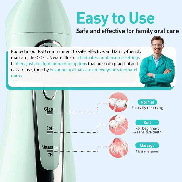 Alt view image 5 of 7 - COSLUS ADA Accepted Water Dental Flosser Teeth Pick C20: Portable Cordless Oral Irrigator 300ML Rechargeable Travel Irrigation Cleaner IPX7 Waterproof Electric Flossing Machine, Professional Set Green