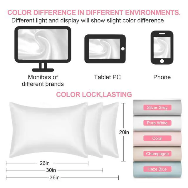 Alt view image 7 of 7 - Silk Pillow Cases 2 Pack Standard Size with Hidden Zipper, Mulberry Silk Pillowcase for Hair and Skin, Smooth and Soft Breathable Cooling Silk Satin Pillowcase Set of 2, Gifts for WomenPure White