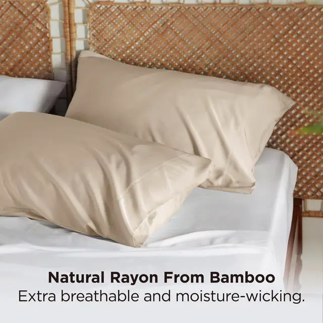 Alt view image 3 of 7 - Bedsure Pillow Cases Queen, Cooling Pillow Cases, Rayon Derived from Bamboo Beige Pillowcases Queen Size Set of 2, PureWoven Silky Soft Bedding Pillow Covers with Envelope Closure, 20x30 Inches