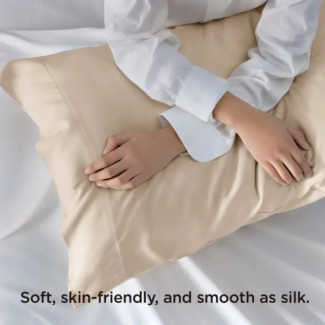 Alt view image 4 of 7 - Bedsure Pillow Cases Queen, Cooling Pillow Cases, Rayon Derived from Bamboo Beige Pillowcases Queen Size Set of 2, PureWoven Silky Soft Bedding Pillow Covers with Envelope Closure, 20x30 Inches