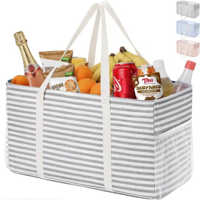 Main image of Extra Large Tote Bag, Reusable Grocery Bags with Metal Wire Frame and Handles, Standing Utility Foldable Shopping Bags for Storage, Picnics, Beach, Laundry, Car, 46L, 1 Pack, Gray