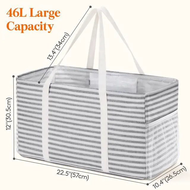 Alt view image 2 of 7 - Extra Large Tote Bag, Reusable Grocery Bags with Metal Wire Frame and Handles, Standing Utility Foldable Shopping Bags for Storage, Picnics, Beach, Laundry, Car, 46L, 1 Pack, Gray